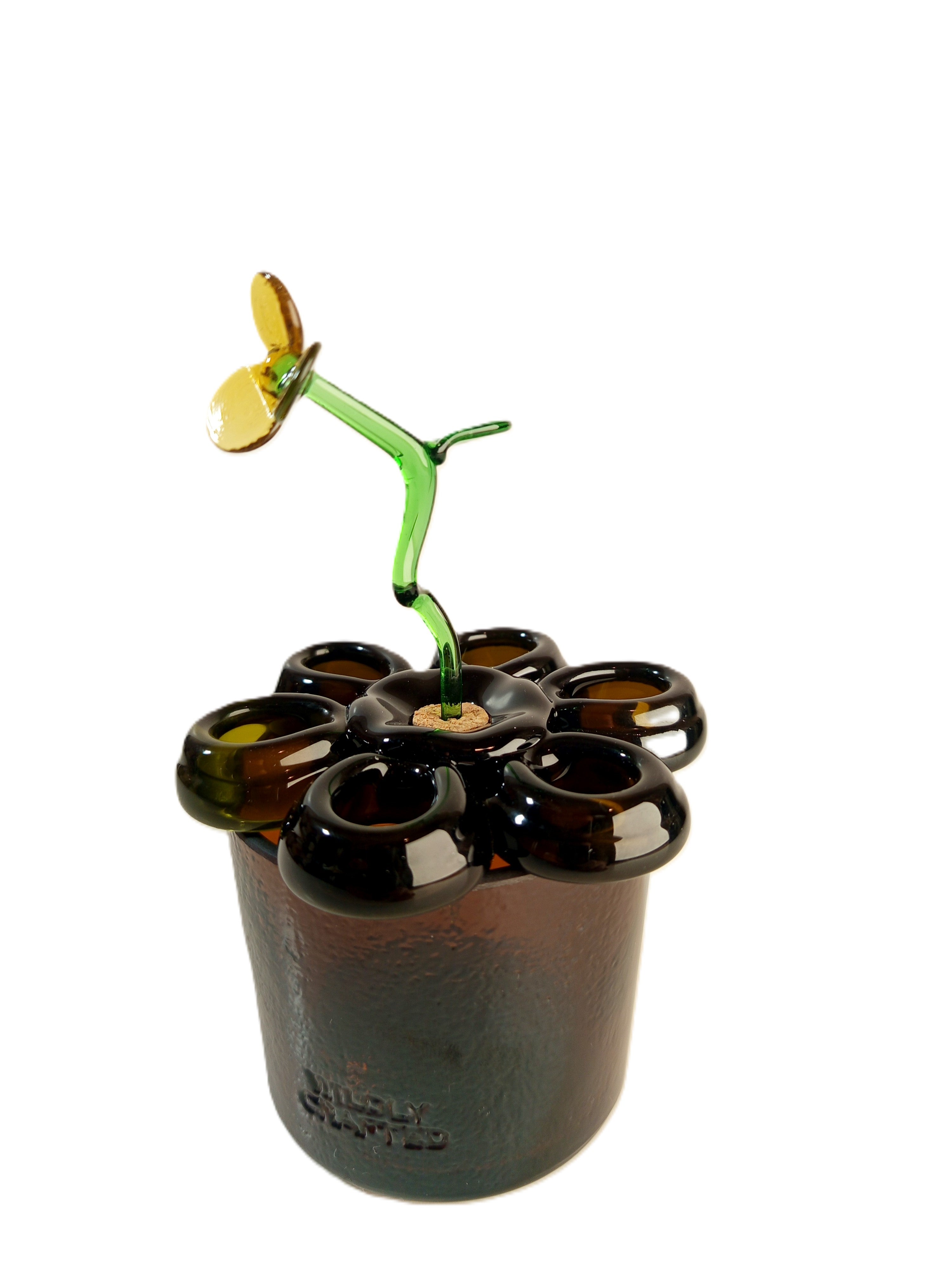 Pique-fleur artisanal en verre recyclé  orné d'une fleur en verre en son centre - Organisez vos bouquets avec élégance