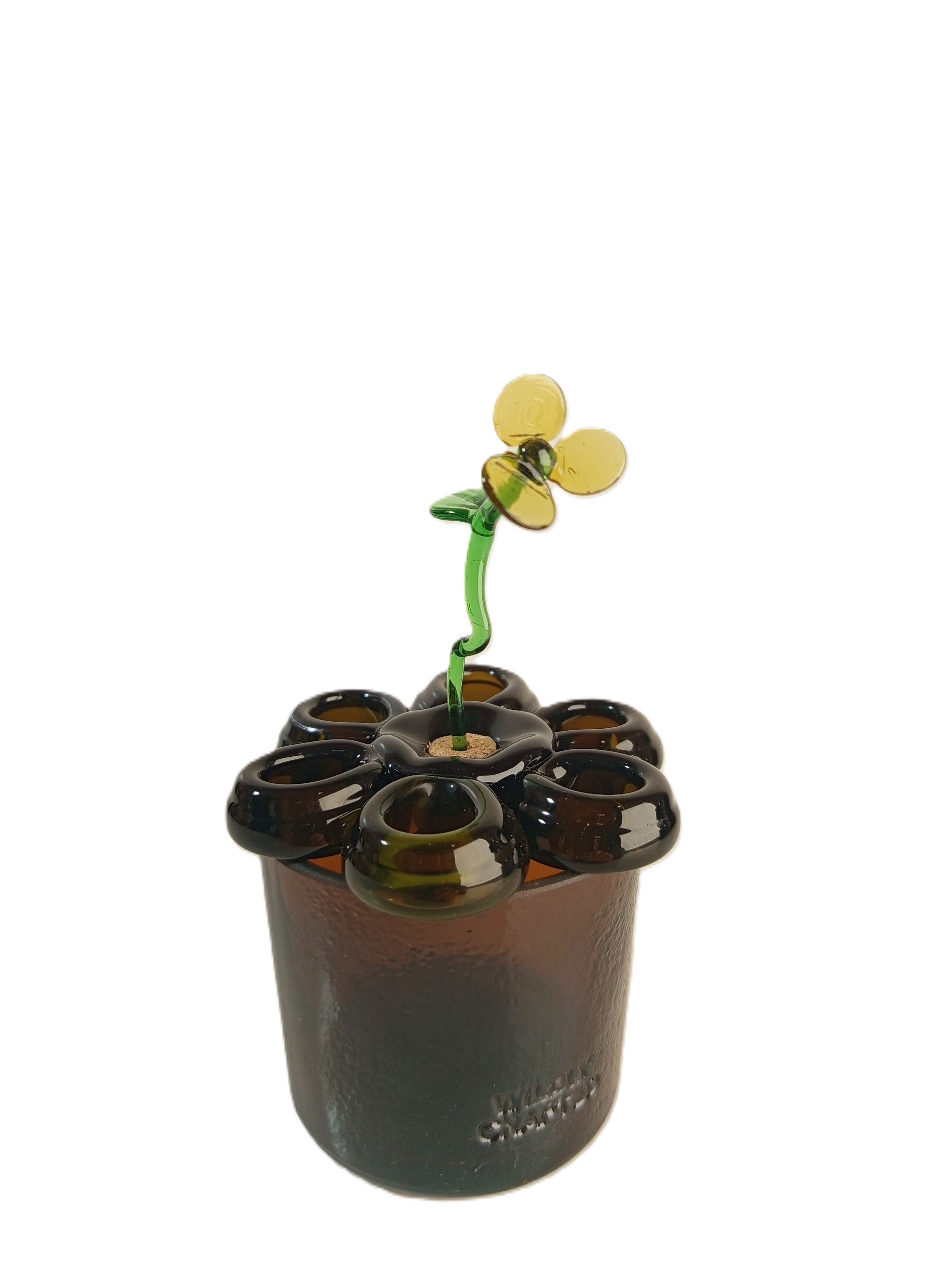 Pique-fleur artisanal en verre recyclé  orné d'une fleur en verre en son centre - Organisez vos bouquets avec élégance