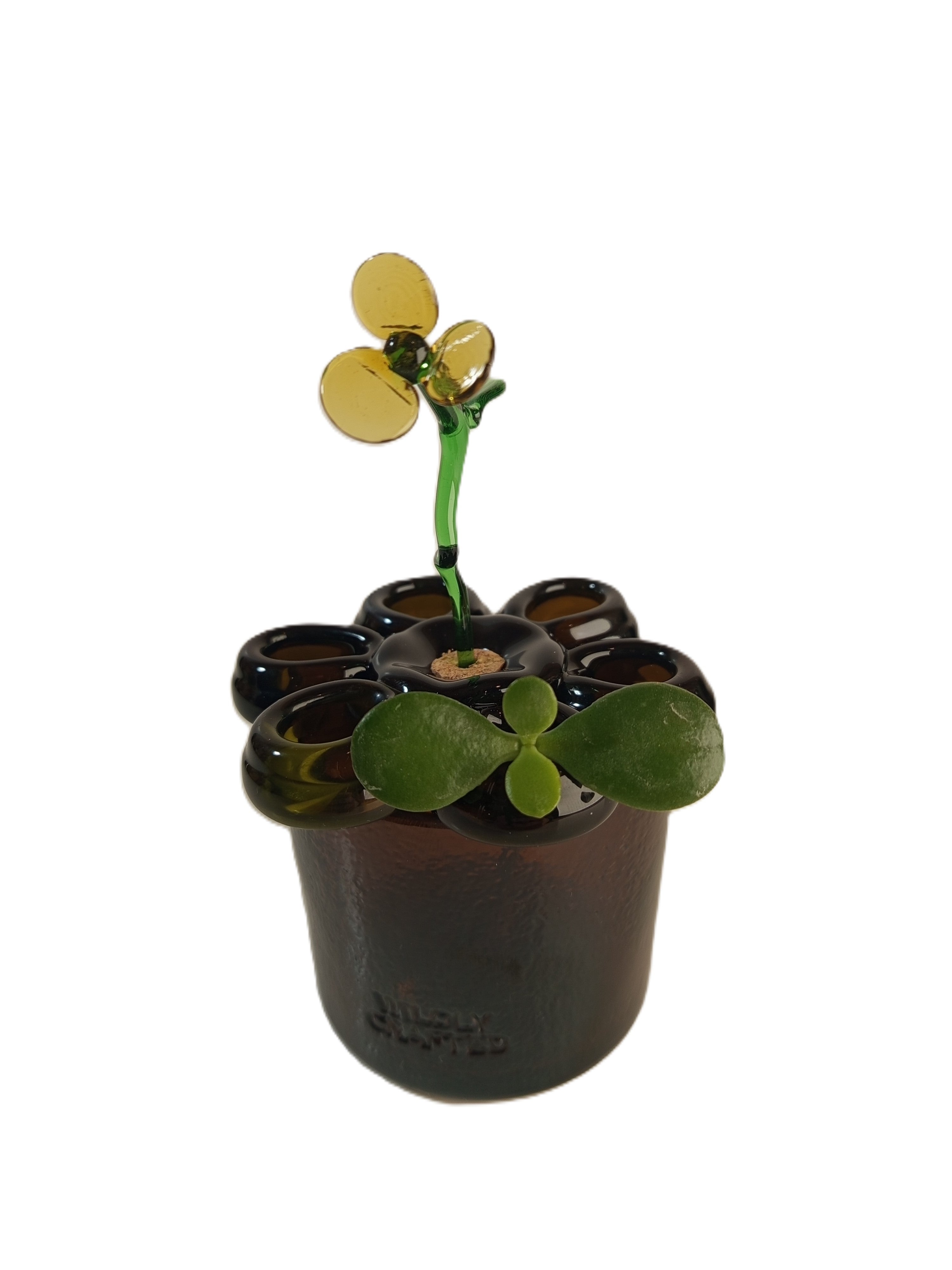 Pique-fleur artisanal en verre recyclé  orné d'une fleur en verre en son centre - Organisez vos bouquets avec élégance