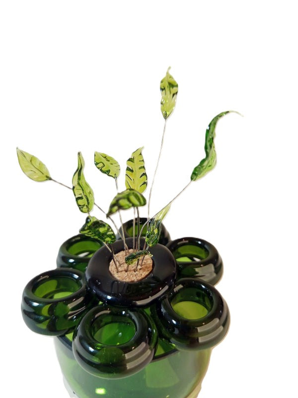Pique-fleur artisanal en verre recyclé  avec des feuilles de verre - Organisez vos bouquets avec élégance