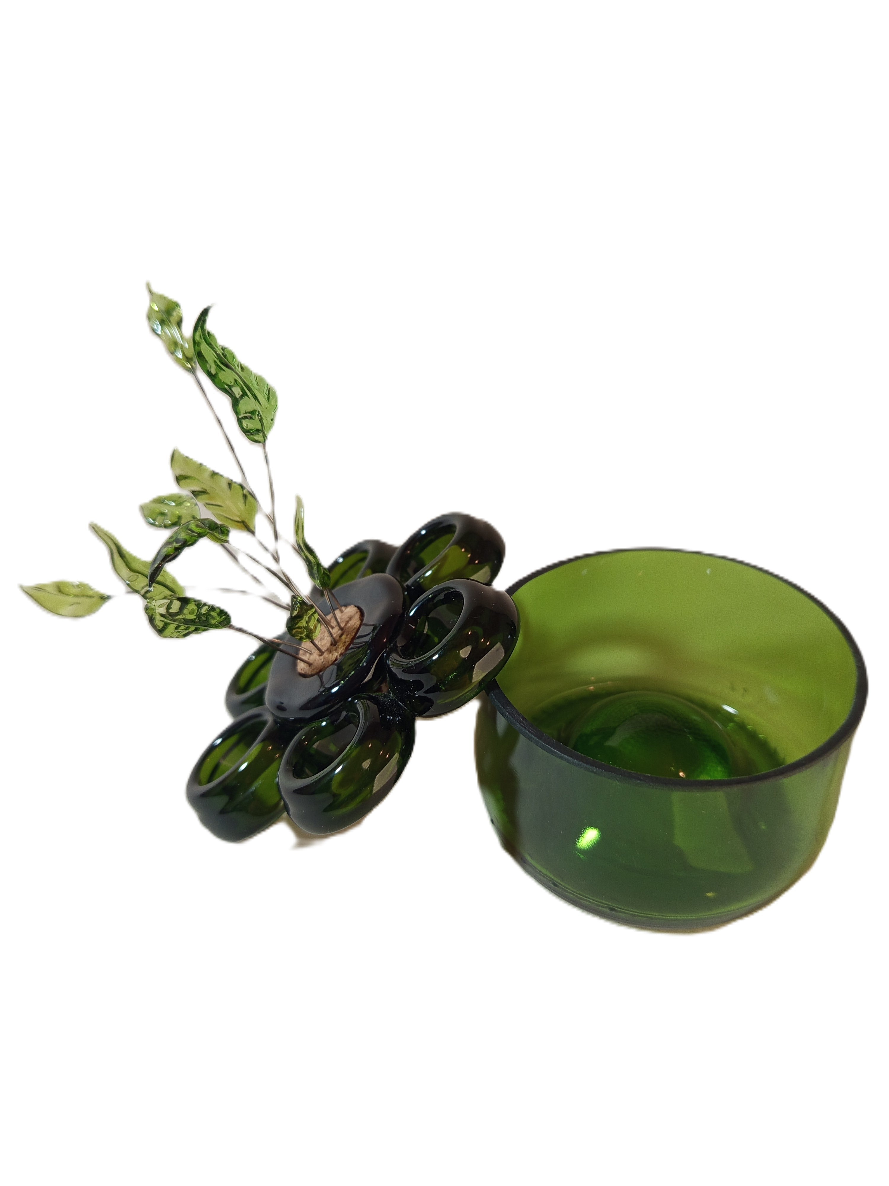 Pique-fleur artisanal en verre recyclé  avec des feuilles de verre - Organisez vos bouquets avec élégance