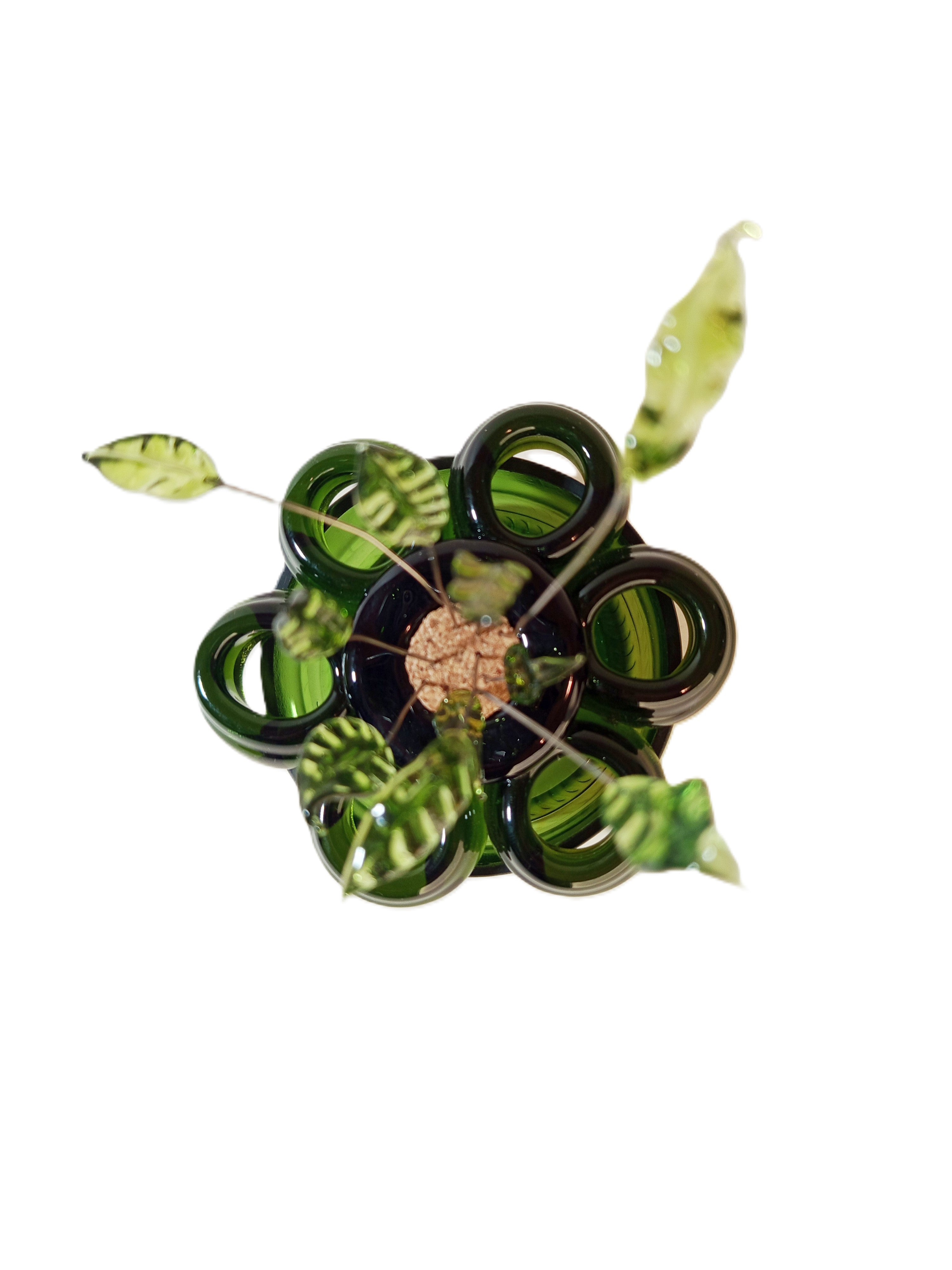 Pique-fleur artisanal en verre recyclé  avec des feuilles de verre - Organisez vos bouquets avec élégance